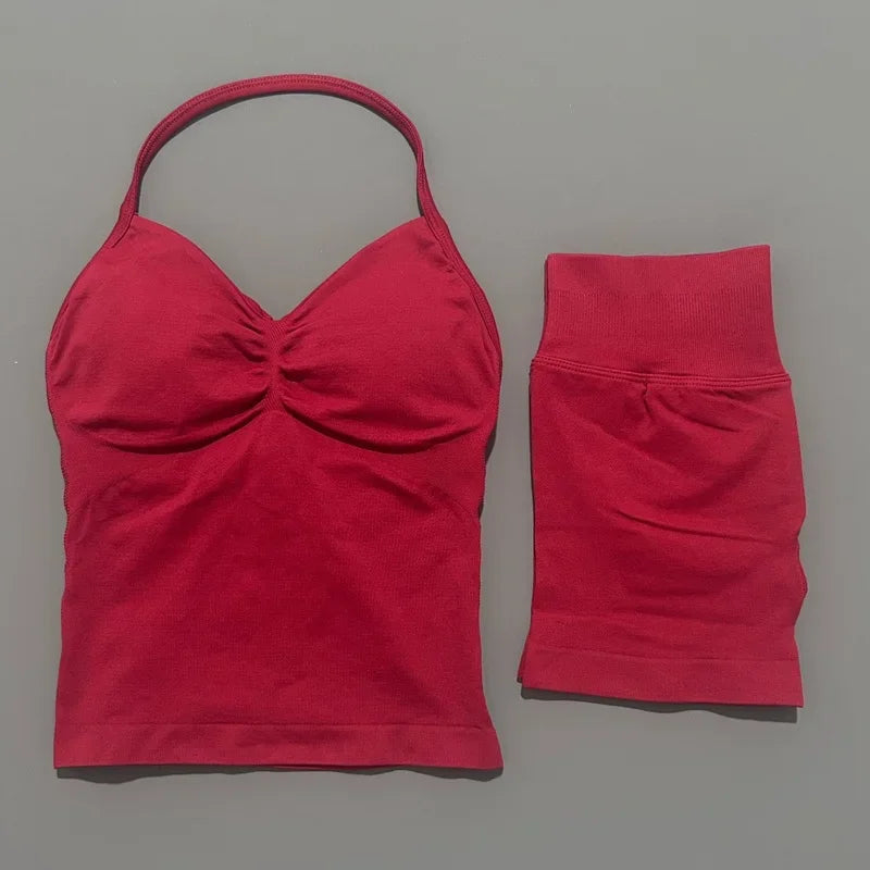 2Pcs HISTELLO Yoga Set Women Halter Tank Top Scrunch Butt Lifting Shorts Ruched Anti Chafe Quick Dry Gym Workout Sports Set