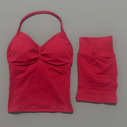 2Pcs HISTELLO Yoga Set Women Halter Tank Top Scrunch Butt Lifting Shorts Ruched Anti Chafe Quick Dry Gym Workout Sports Set