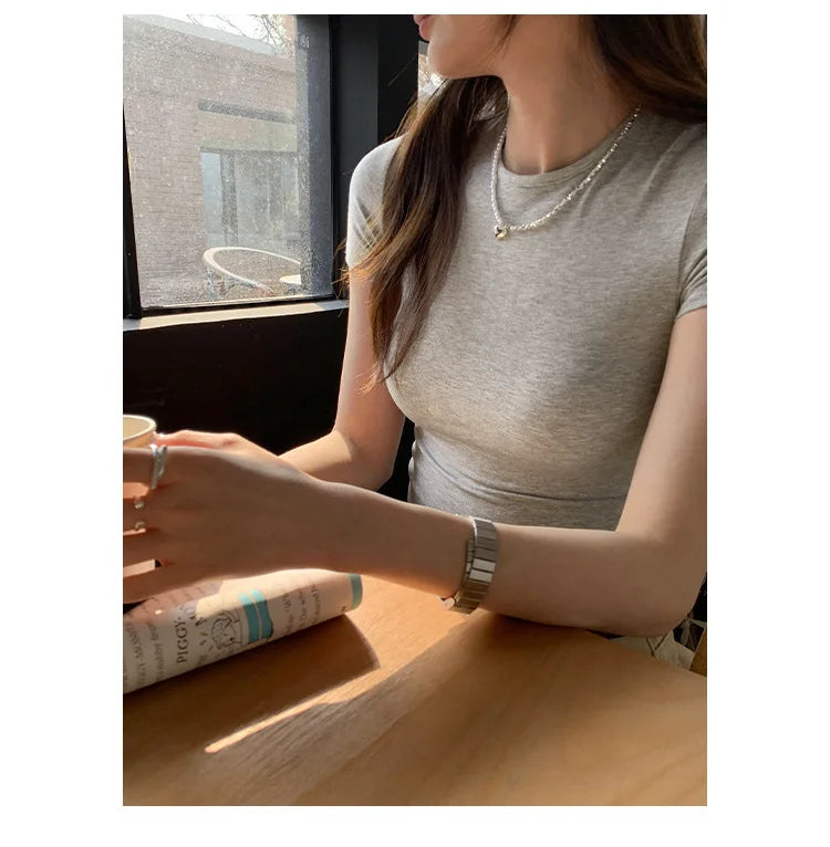 Basic Solid Crop Top Short Sleeve Crewneck Skinny T-shirt Summer Casual Tee for Women Y2K Vintage Top Harajuku Streetwear