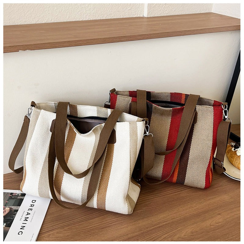 Striped Canvas Tote - Women's Crossbody Shoulder Bag With Zipper Closure, Versatile Daily Use