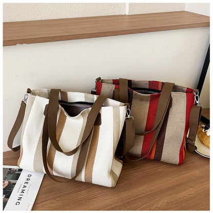 Striped Canvas Tote - Women's Crossbody Shoulder Bag With Zipper Closure, Versatile Daily Use