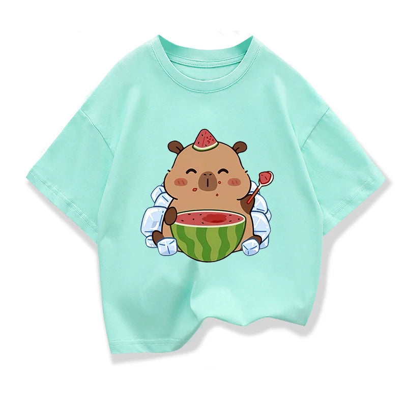 Summer New Capybara Watermelon Printed Cartoon Fashion Short Sleeve T-shirt Kids Clothing Tees Girls Loose Casual Tops T Shirts