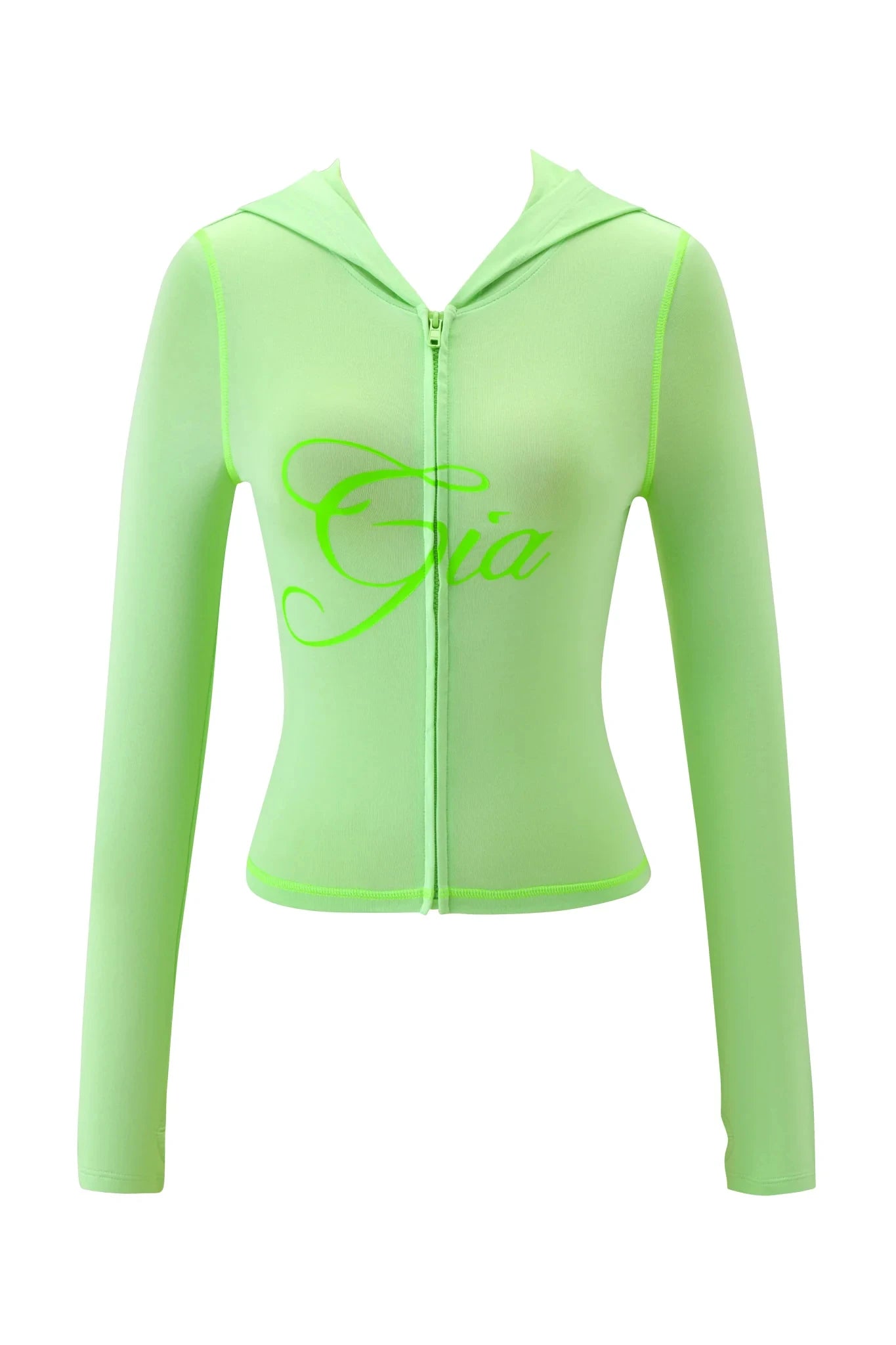 Gia neon pink regular shoulder slim-fit letter print topstitching design slim-fit hooded zip-up short jacket and pants set