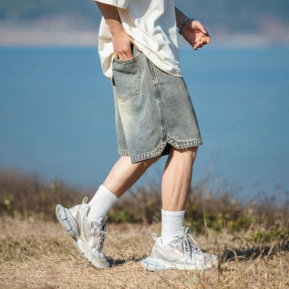 Baggy Denim Shorts - Men's Summer Casual Streetwear With Embroidery & Elastic Waist