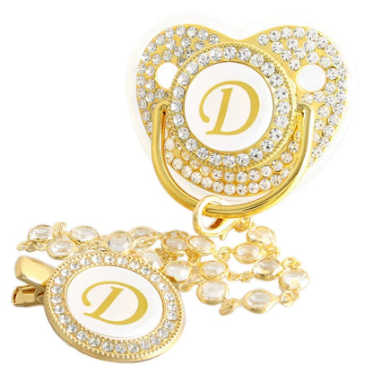 Golden Baby Pacifier With Diamond Chain Clip – Silicone, Rhinestone, Latex Free
