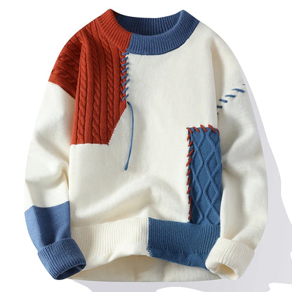 Patchwork Knitted Sweater - Men's Autumn Casual Streetwear Warm Pullover Jumper