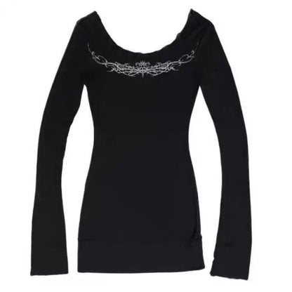 Seeslim Gothic Graphic T Shirts Women Long Sleeve Korean Fashion 2000s Clothes Y2k Slim Spring Autumn Tops Tees Female Clothing