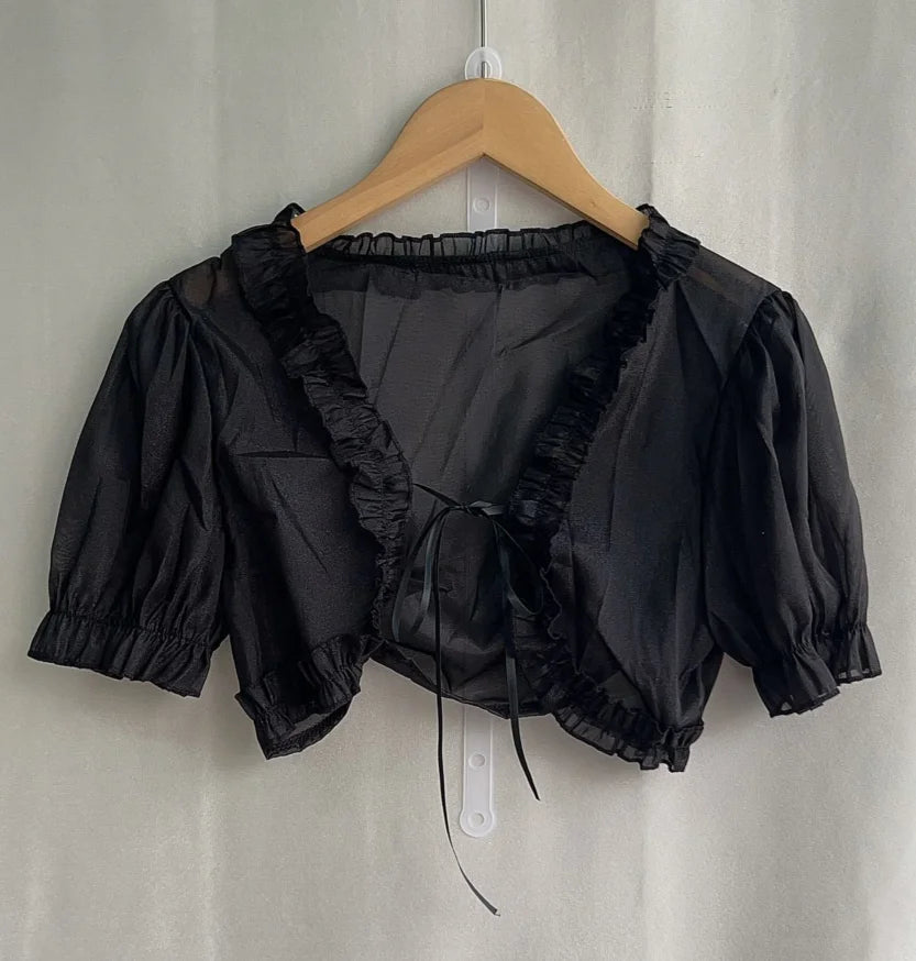 Lolita Women Summer Crop Blouse  Y2k  Sweet Bandage JK Blusas Capes Cosplay Harajuku Ruffled Puff Sleeve Shirt Kawaii Mujer