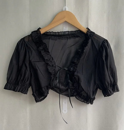 Lolita Women Summer Crop Blouse  Y2k  Sweet Bandage JK Blusas Capes Cosplay Harajuku Ruffled Puff Sleeve Shirt Kawaii Mujer