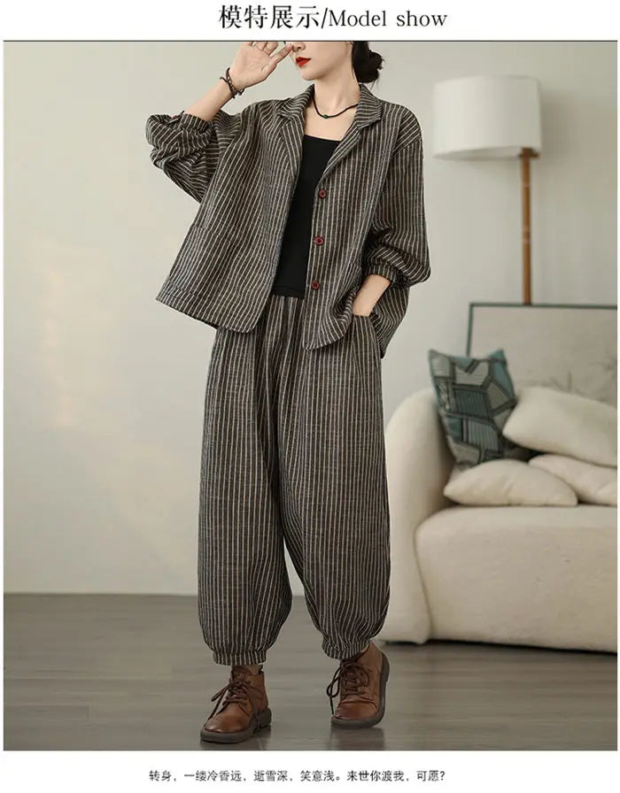 Retro Stripe Cotton And Linen Suit 2024 Women's Autumn Temperament Casual Wide Leg Harem Pants Loose Oversized 2 Piece Set K2478