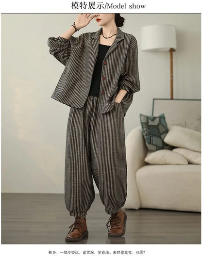 Retro Stripe Cotton And Linen Suit 2024 Women's Autumn Temperament Casual Wide Leg Harem Pants Loose Oversized 2 Piece Set K2478