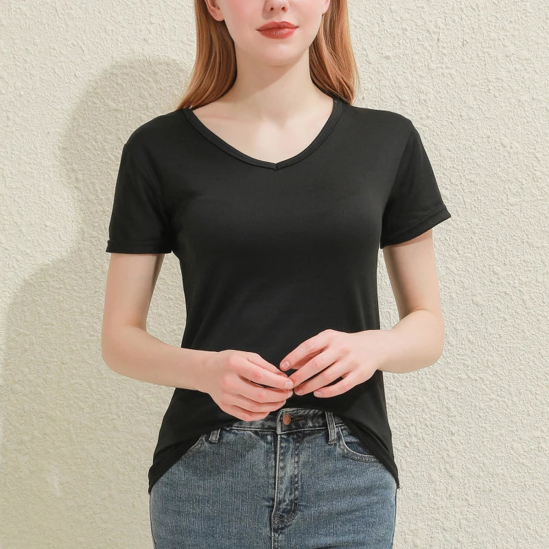 Women's Cotton V-Neck T-Shirt – Slim-Fit Solid Tee (Black/White)