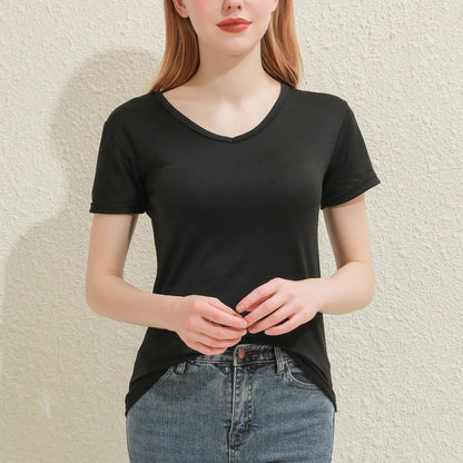 Women's Cotton V-Neck T-Shirt – Slim-Fit Solid Tee (Black/White)