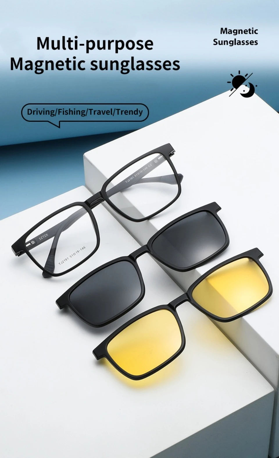 Magnetic Clip-On Glasses – Polarized Prescription Sunglasses with TR90 Frame for Men Women