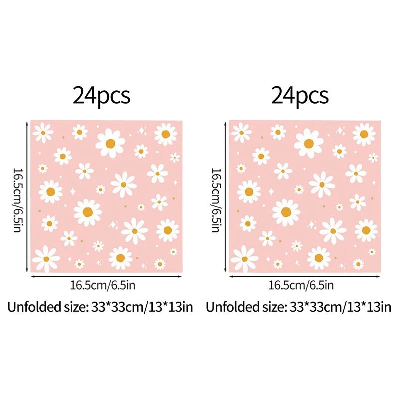 Pink Daisy Disposable Tableware Set - 24pcs Plates Napkins Straws for Birthday Baby Shower Wedding Decor