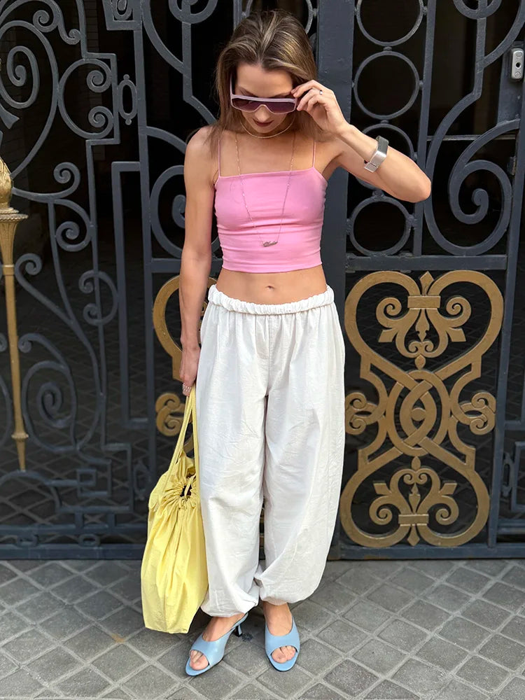 Wide Leg Red Pants For Women Cotton Long Bloomers White Autumn Elastic Waist Lantern Trousers Women Straight Practice Pants Lady