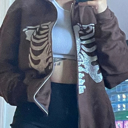Y2K Rhinestone Cobweb Zip Up Oversized Sweatshirt 2022 Autumn Goth Hoodie Men Women Grunge Hooded Jacket Streetwear Y2K Clothing