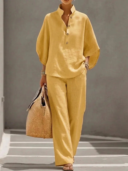 Fashion Cotton Linen  Pant Set  Women's Casual Stand Collar Button Top Wide Leg Trousers 2-piece Set Retro Female Office Suit