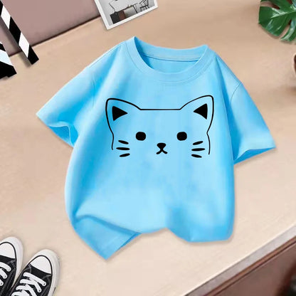 Summer New Cute Cat Animal Print Round Neck Short Sleeved Tee Shirt for Boys and Girls Fashionable and Simple Children's T-shirt