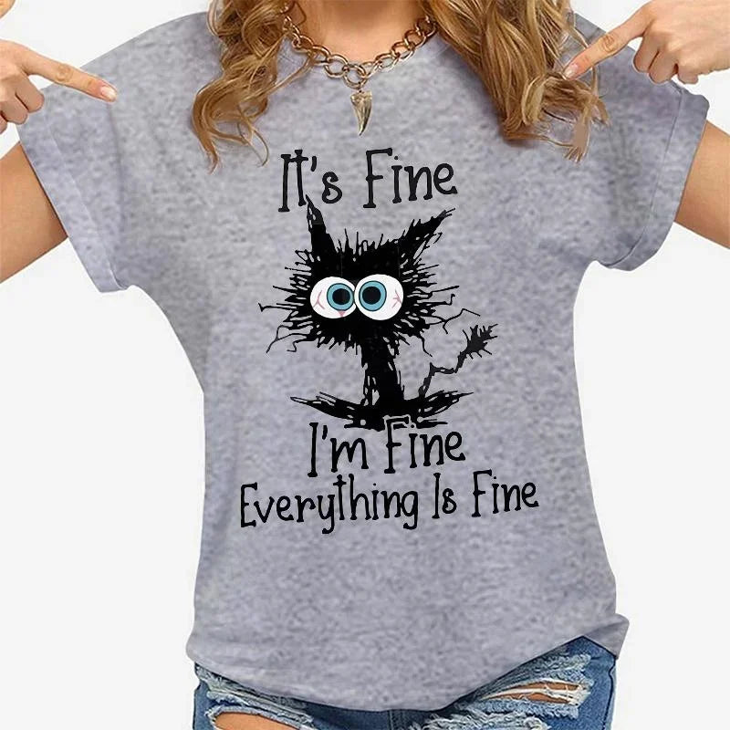Women's Funny Cat T-Shirt – 'It's Fine I'm Fine' Slogan Tee