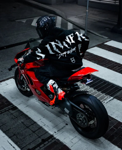 Mens Gothic Sinner Defy The Moon Print Oversized Hoodie Black Streetwear Motorcycle Riding Casual Pullover Hooded Sweatshirts