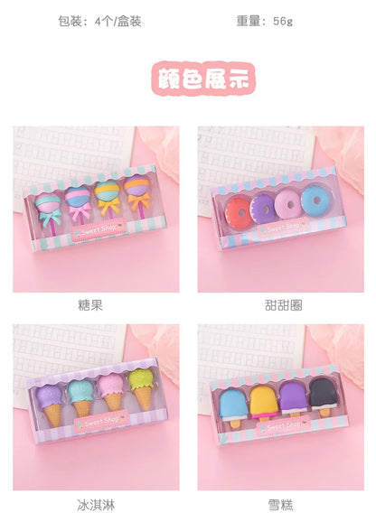 4pcs Yummy Icecream Erasers Set Mini Lollipop Dessert Popsicle Donuts Rubber Pencil Eraser for Kids Gift School Student Award
