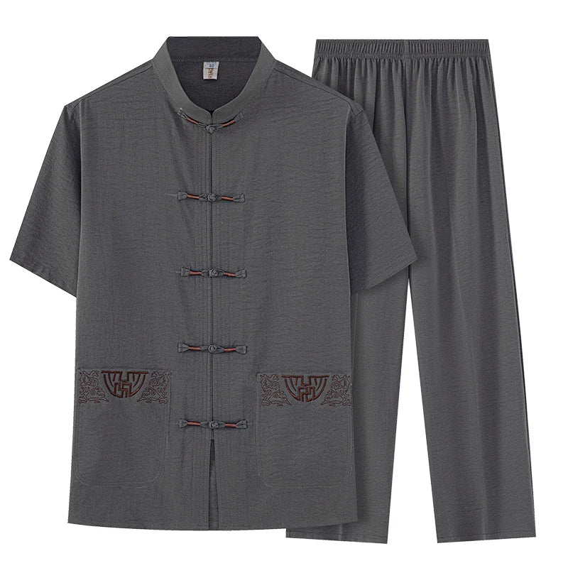 Cotton and Linen (Top + Pants) Elderly Men Gold Silk Pan Buckle Pocket Embroidered Tang Dress Han Dress Lay Tai Chi Suit Set