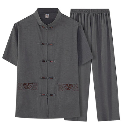 Cotton and Linen (Top + Pants) Elderly Men Gold Silk Pan Buckle Pocket Embroidered Tang Dress Han Dress Lay Tai Chi Suit Set