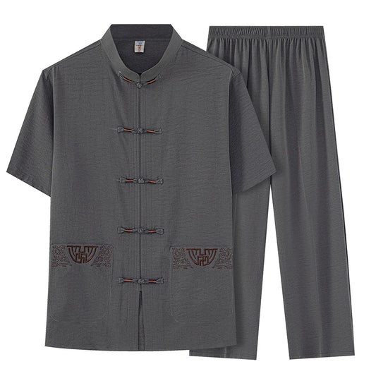 Cotton and Linen (Top + Pants) Elderly Men Gold Silk Pan Buckle Pocket Embroidered Tang Dress Han Dress Lay Tai Chi Suit Set