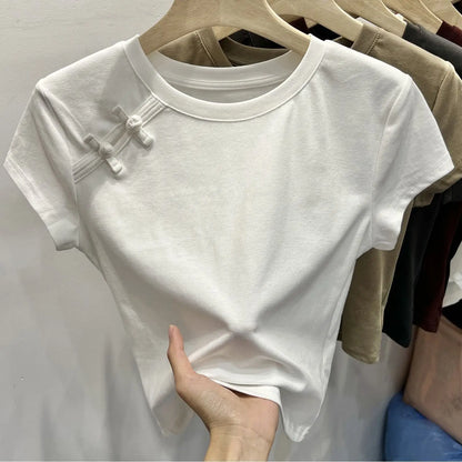 Chinese Style Summer T-shirts Women Crop Tops O-neck Gentle Buttons Soft Irregular Designed Short-sleeve Chic Pure College Retro