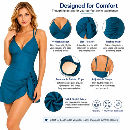 Women One Piece Swim Dress Teal V Neck Skirted Swimsuit Side Tie Ruched Waist Soft Stretch Removable Pads Beach Pool Vacation