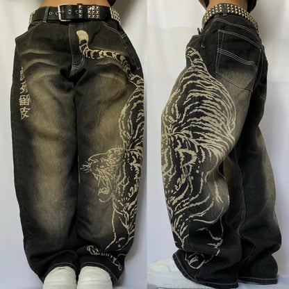 2025 Fashion New Oversized Pattern Printing Baggy Jeans Men Y2K Street Vintage Rock Casual Straight High Waist Wide Leg Trousers