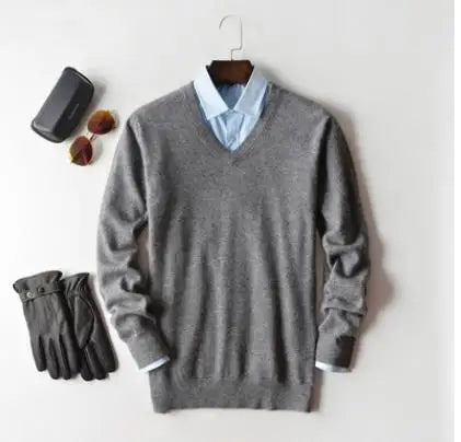 Cashmere Pullover Sweater - Men's V Neck Warm Cotton Blend Knitwear For Autumn Winter