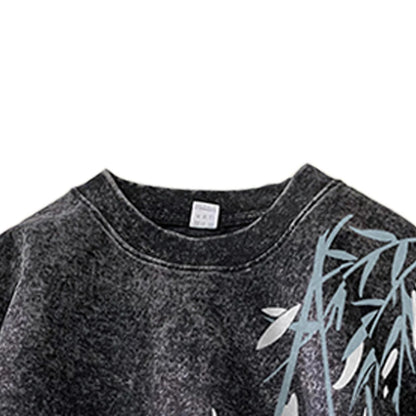 Acid Washed T-Shirt - Men's Streetwear Tee With Bamboo Leaf Print | Oversized Loose Fit