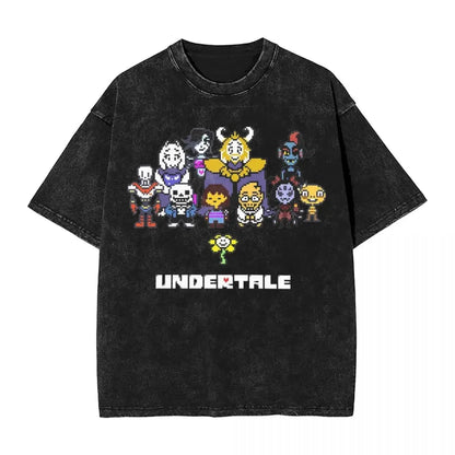 Washed Cartoon T Shirts Undertale Dog Pocket Graphic T-Shirts Cotton Loose Streetwear Short Sleeve Tee Shirt Men Women Clothing