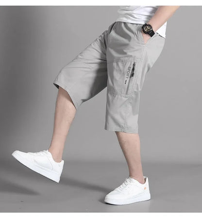 Mens Cargo Shorts - Knee Length Cotton Shorts With Zipper Pockets & Elastic Waist