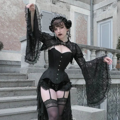 Lace Mall Gothic See Through Shrug Tops Grunge Aesthetic Black Flare Sleeve Crop Top Women Vintage Punk Sexy Clothing
