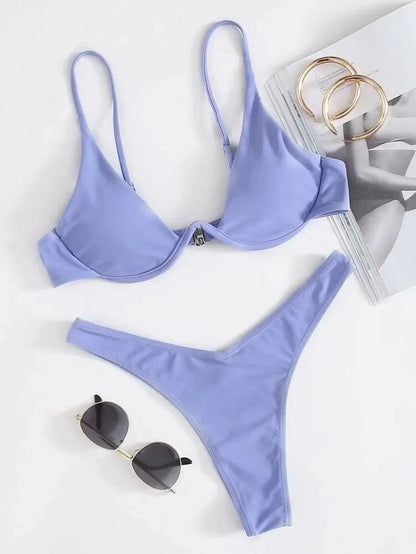 2026 Summer New Two Piece Women's Solid Color Sexy Bareback Bikini Split Swimsuit Bikini Set High Waist Beach Vacation
