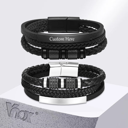 Vnox Personalized Braided Leather Bracelet for Men Handmade Triple Woven Pu Leather Bracelet Custom Name Text Jewelry Gifts