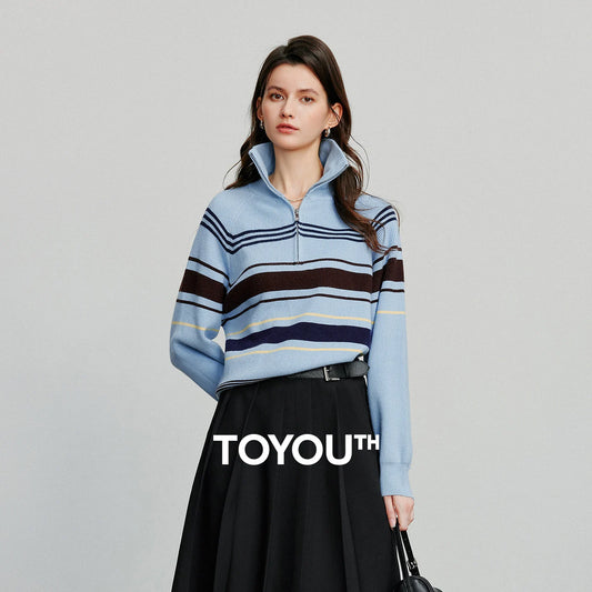 TOYOUTH Women Knitted Sweater 2026 Autumn New Fashionable Style Striped Zipper High Collar Woolen Pullover Sweater Tops