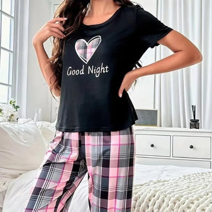 Women's Short Sleeve Crew Neck Top With Shorts And Pants 3 Piece Loungewear Sleepwear Lounge Sets Nighty Print Casual Pajama Set