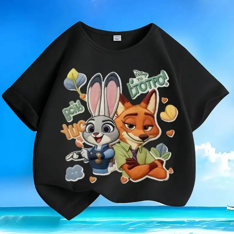 New loose pure cotton t-shirt with Disney Zootopia print, versatile, casual, summer, short-sleeved, with round neck,for children
