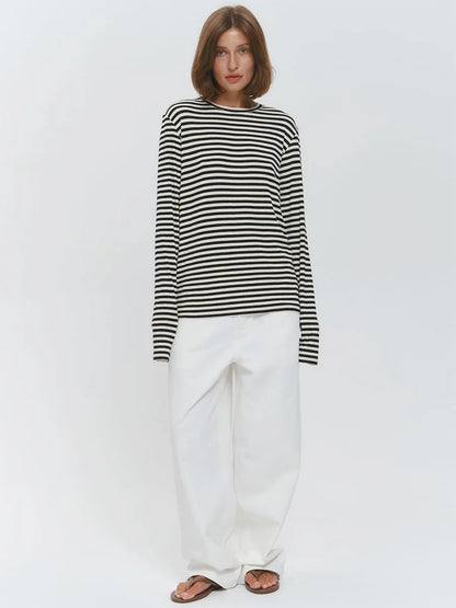 Bornladies Autumn New Fashion Women Cotton Striped Long Sleeve T Shirt Office Casual Simple Round Neck Pullover Tops & Tees