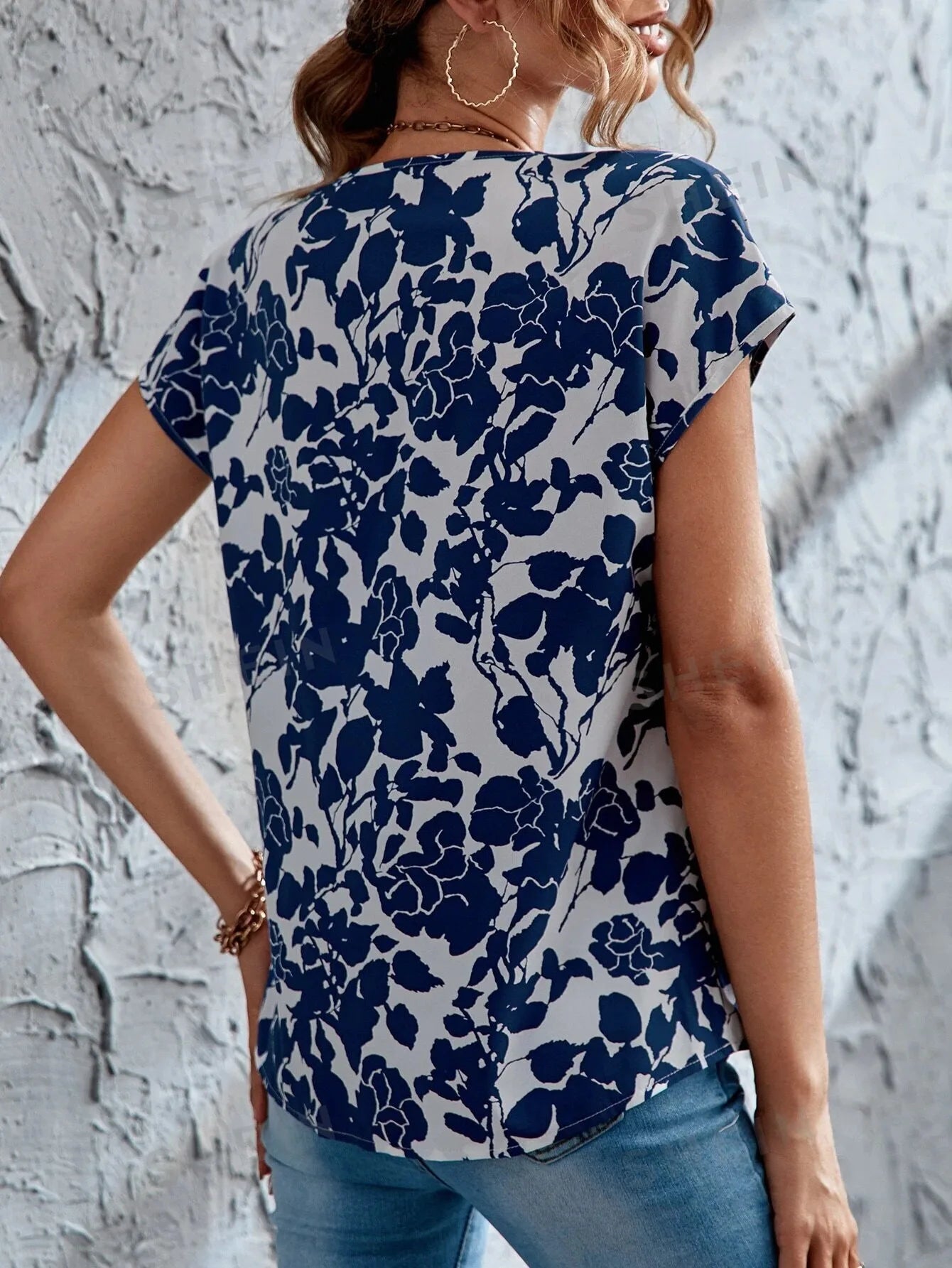 Ladies Floral Print V Neck Batwing Sleeve Blouse Women Tops Shirts