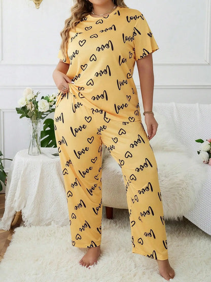 Women's Plus Size Sleepwear Heart Letters Print Pajama Set Casual Short-Sleeve Top and Pants Comfortable Relaxed Fit Loungewear