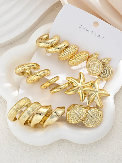 18-Piece Ocean Earring Set – Gold Starfish, Shell & Conch Hoops