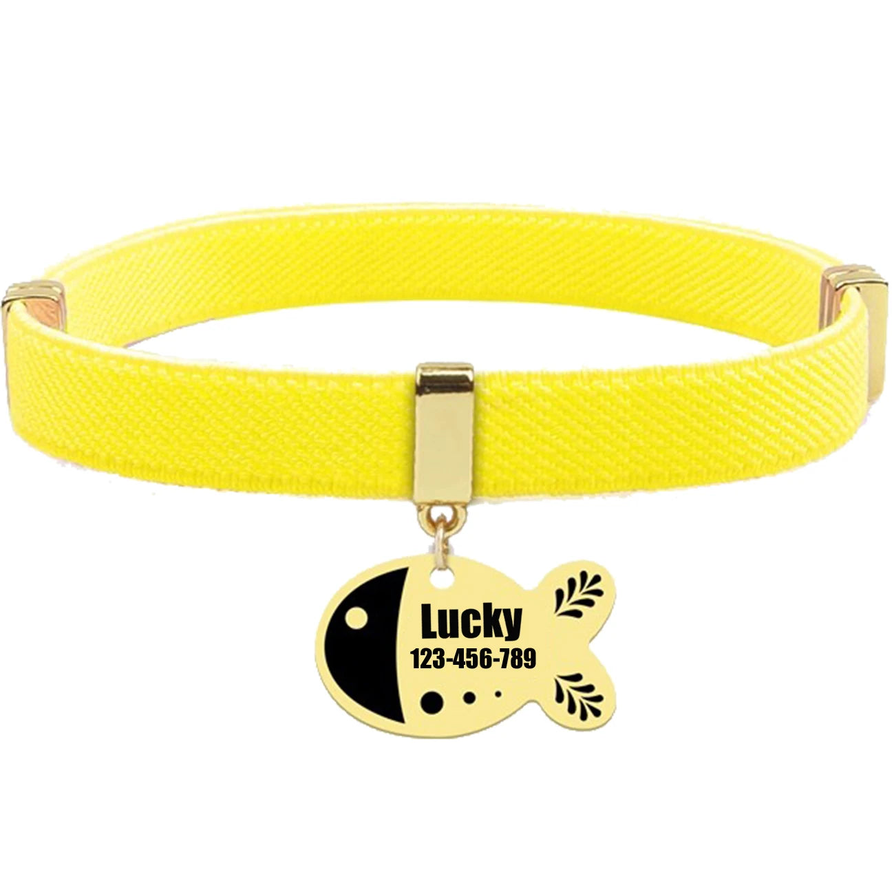 Free Customized Cat Collar Cute Fish Metal Necklace Pet ID Name Tag Personalized GPS Tracker Kitten Dog Breakaway Elastic Collar