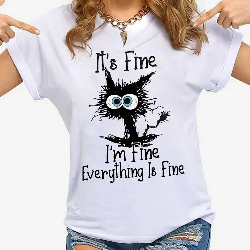 Women's Funny Cat T-Shirt – 'It's Fine I'm Fine' Slogan Tee