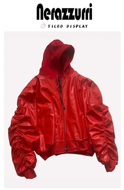 Mauroicardi Autumn Winter Oversized Cool Black Thickened Warm Pu Leather Jacket Men Hood Luxury Designer Fake 2 Clothes