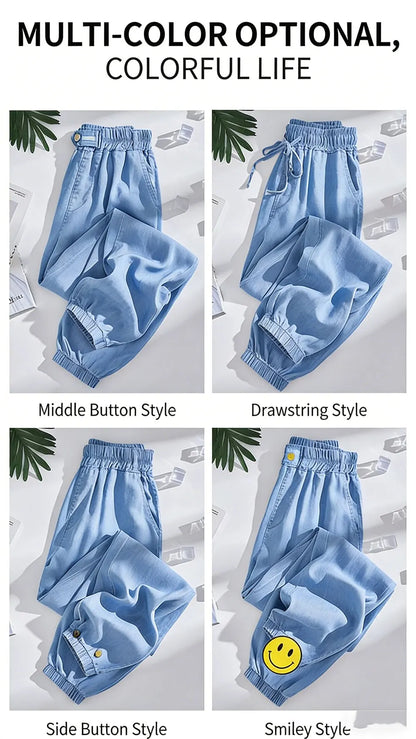 Plus Size Ice Silk Denim Pants Yoga Sports Thin Loose Style Women's Summer Casual Wide Leg Pants Harajuku Style Loose Waist